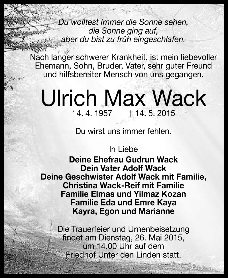  Traueranzeige für Ulrich Max  Wack vom 16.05.2015 aus Reutlinger Generalanzeiger