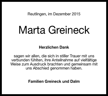Anzeige von Maria Greineck von Reutlinger Generalanzeiger