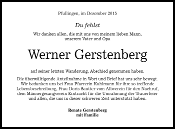 Anzeige von Werner Gerstenberg von Reutlinger Generalanzeiger