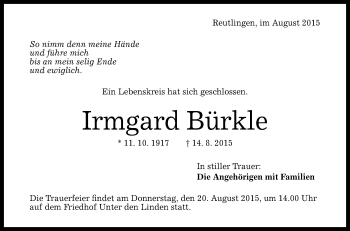 Anzeige von Irmgard Bürkle von Reutlinger Generalanzeiger