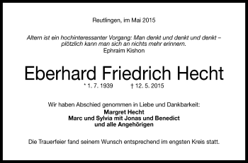 Anzeige von Eberhard Friedrich Hecht von Reutlinger Generalanzeiger