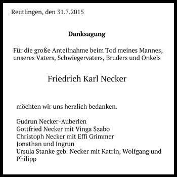 Anzeige von Friedrich Karl Necker von Reutlinger Generalanzeiger