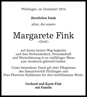 Anzeige von Margarete Fink von Reutlinger Generalanzeiger