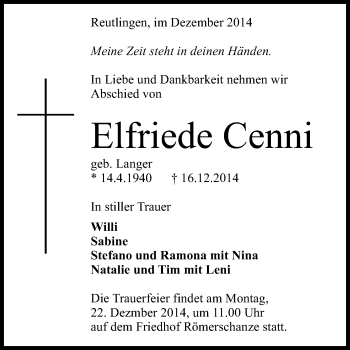 Anzeige von Elfriede Cenni von Reutlinger Generalanzeiger