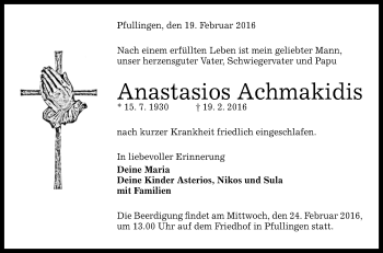 Anzeige von Anastasios Achmakidis von Reutlinger Generalanzeiger