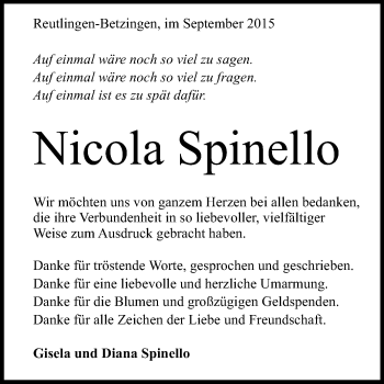Anzeige von Nicola Spinello von Reutlinger Generalanzeiger