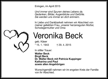 Anzeige von Veronika Beck von Reutlinger Generalanzeiger