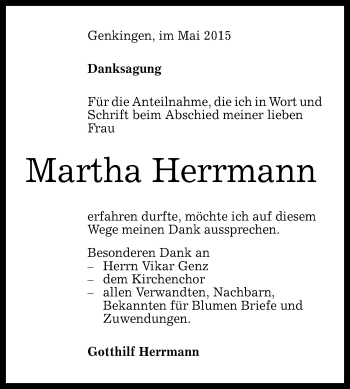 Anzeige von Martha Herrmann von Reutlinger Generalanzeiger