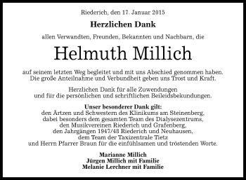 Anzeige von Helmuth Millich von Reutlinger Generalanzeiger