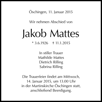 Anzeige von Jakob Mattes von Reutlinger Generalanzeiger