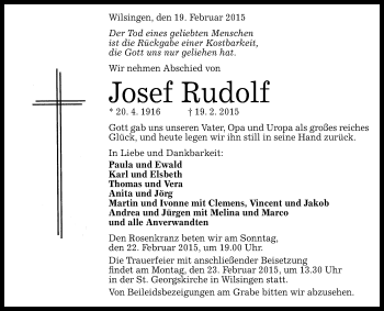 Anzeige von Josef Rudolf von Reutlinger Generalanzeiger