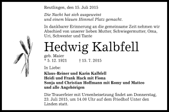 Anzeige von Hedwig Kalbfell von Reutlinger Generalanzeiger