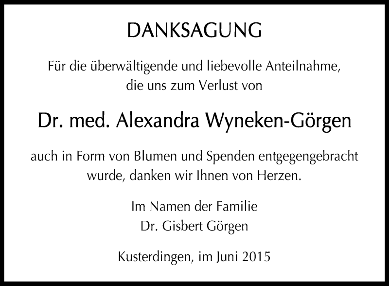  Traueranzeige für Alexandra Wyneken-Görgen vom 27.06.2015 aus Reutlinger Generalanzeiger