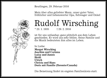Anzeige von Rudolf Wirsching von Reutlinger Generalanzeiger