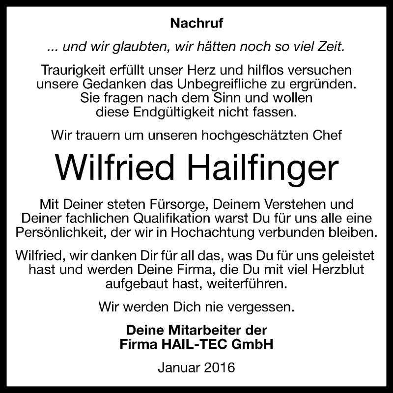  Traueranzeige für Wilfried Hailfinger vom 21.01.2016 aus Reutlinger Generalanzeiger
