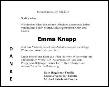 Anzeige von Emma Knapp von Reutlinger Generalanzeiger