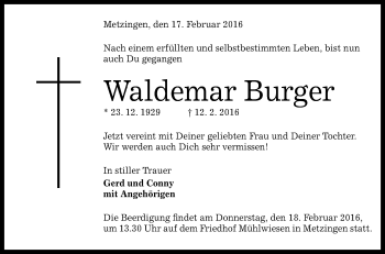 Anzeige von Waldemar Burger von Reutlinger Generalanzeiger
