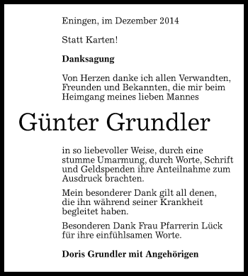 Anzeige von Günter Grundler von Reutlinger Generalanzeiger