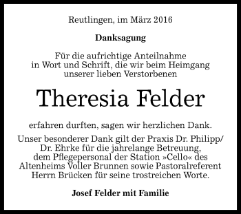 Anzeige von Theresia Felder von Reutlinger Generalanzeiger