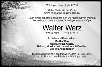 Anzeige von Walter Werz von Reutlinger Generalanzeiger