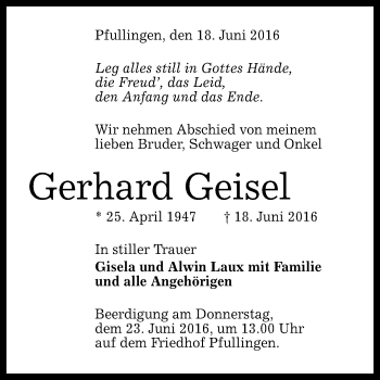 Anzeige von Gerhard Geisel von Reutlinger Generalanzeiger
