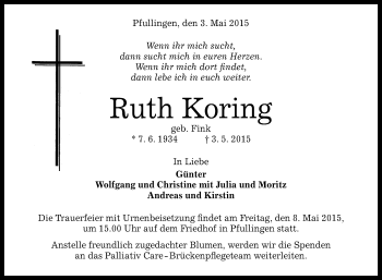 Anzeige von Ruth Koring von Reutlinger Generalanzeiger