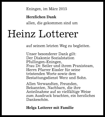 Anzeige von Heinz Lotterer von Reutlinger Generalanzeiger