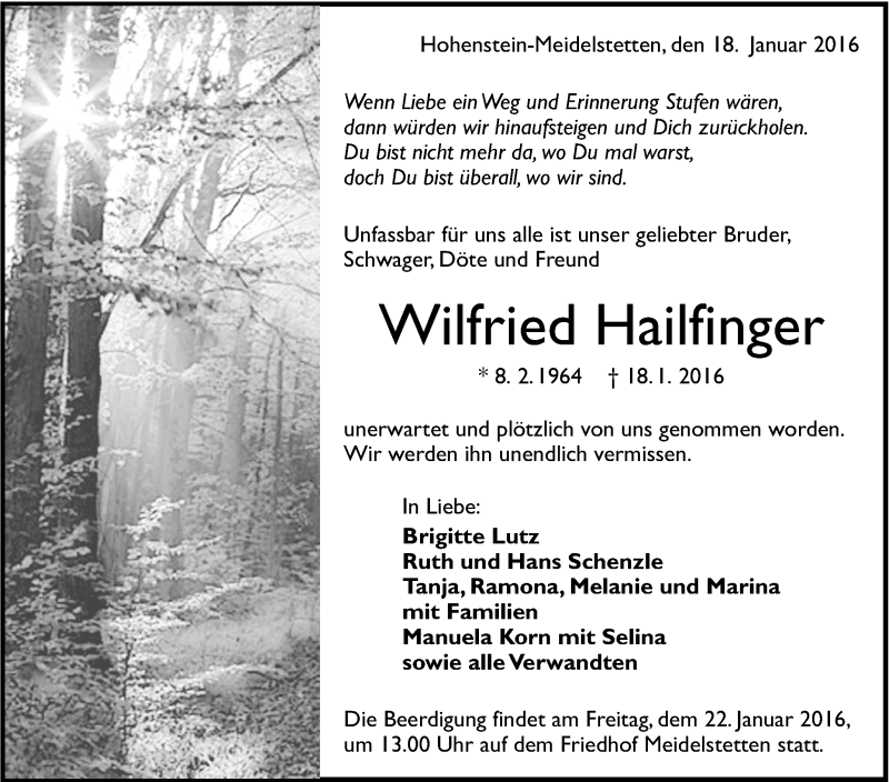  Traueranzeige für Wilfried Hailfinger vom 20.01.2016 aus Reutlinger Generalanzeiger