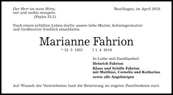 Anzeige von Marianne Fahrion von Reutlinger Generalanzeiger