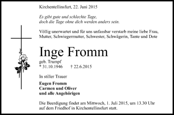 Anzeige von Inge Fromm von Reutlinger Generalanzeiger