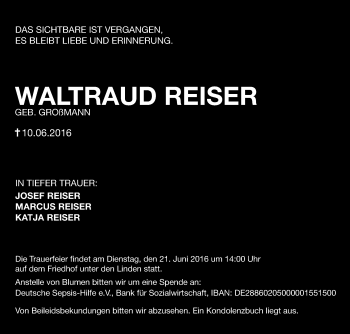 Anzeige von Waltraud Reiser von Reutlinger Generalanzeiger