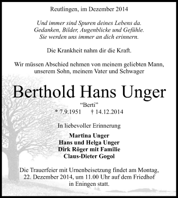 Anzeige von Berthold Hans Unger von Reutlinger Generalanzeiger