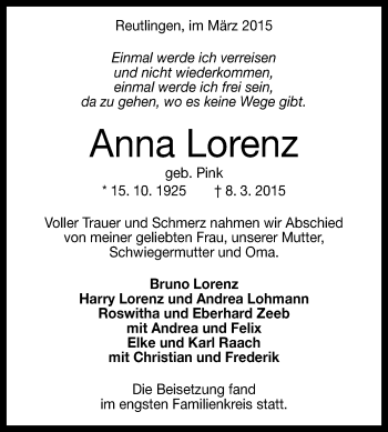 Anzeige von Anna Lorenz von Reutlinger Generalanzeiger