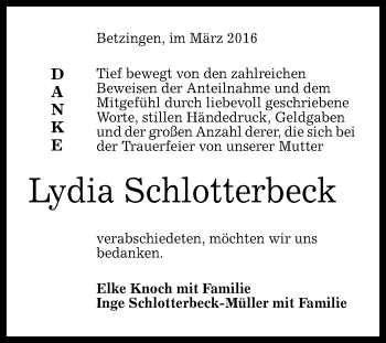 Anzeige von Lydia Schlotterbeck von Reutlinger Generalanzeiger