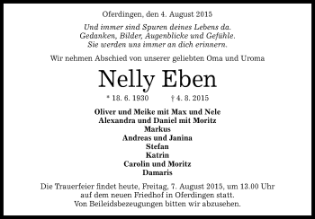 Anzeige von Nelly Eben von Reutlinger Generalanzeiger