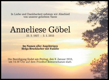 Anzeige von Anneliese Göbel von Reutlinger Generalanzeiger