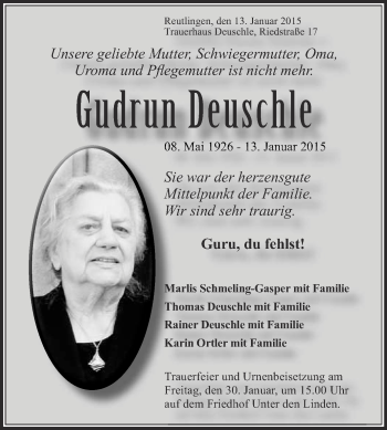 Anzeige von Gudrun Deuschle von Reutlinger Generalanzeiger