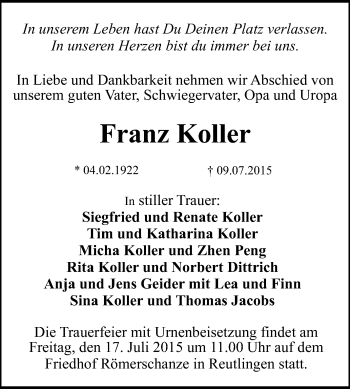Anzeige von Franz Koller von Reutlinger Generalanzeiger