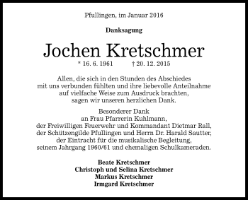Anzeige von Jochen Kretschmer von Reutlinger Generalanzeiger
