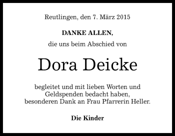 Anzeige von Dora Deicke von Reutlinger Generalanzeiger