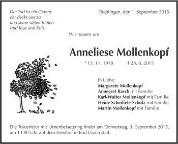 Anzeige von Anneliese Mollenkopf von Reutlinger Generalanzeiger