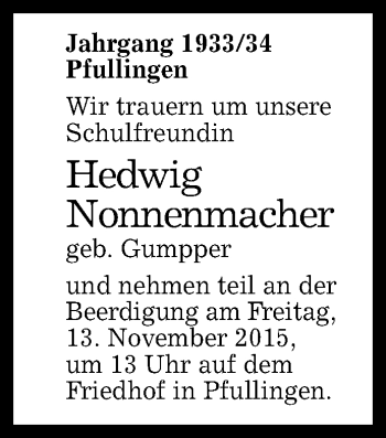 Anzeige von Hedwig Nonnenmacher von Reutlinger Generalanzeiger