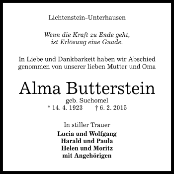 Anzeige von Alma Butterstein von Reutlinger Generalanzeiger