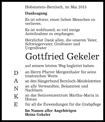 Anzeige von Gottfried Gekeler von Reutlinger Generalanzeiger