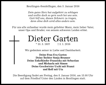 Anzeige von Dieter Garten von Reutlinger Generalanzeiger