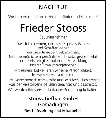 Anzeige von Frieder Stooss von Reutlinger Generalanzeiger