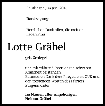 Anzeige von Lotte Gräbel von Reutlinger Generalanzeiger