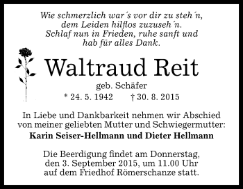 Anzeige von Waltraud Reit von Reutlinger Generalanzeiger