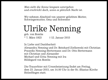 Anzeige von Ulrike Nenning von Reutlinger Generalanzeiger