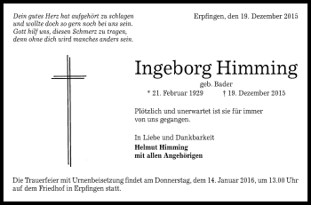 Anzeige von Ingeborg Himming von Reutlinger Generalanzeiger